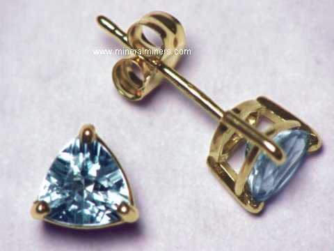 14Kt Gold Genuine Aquamarine Trillion Stud Earrings 