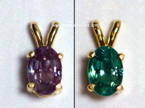 handcrafted natural gemstone jewelry of <em>ALL</em> Minerals (image is a natural alexandrite pendant in 14k gold showing its natural color change)